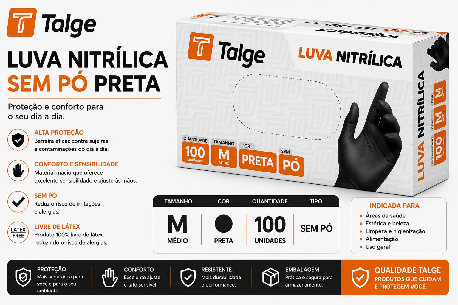 LUVA TALGE NITRILICA SEM PÓ PRETA - M