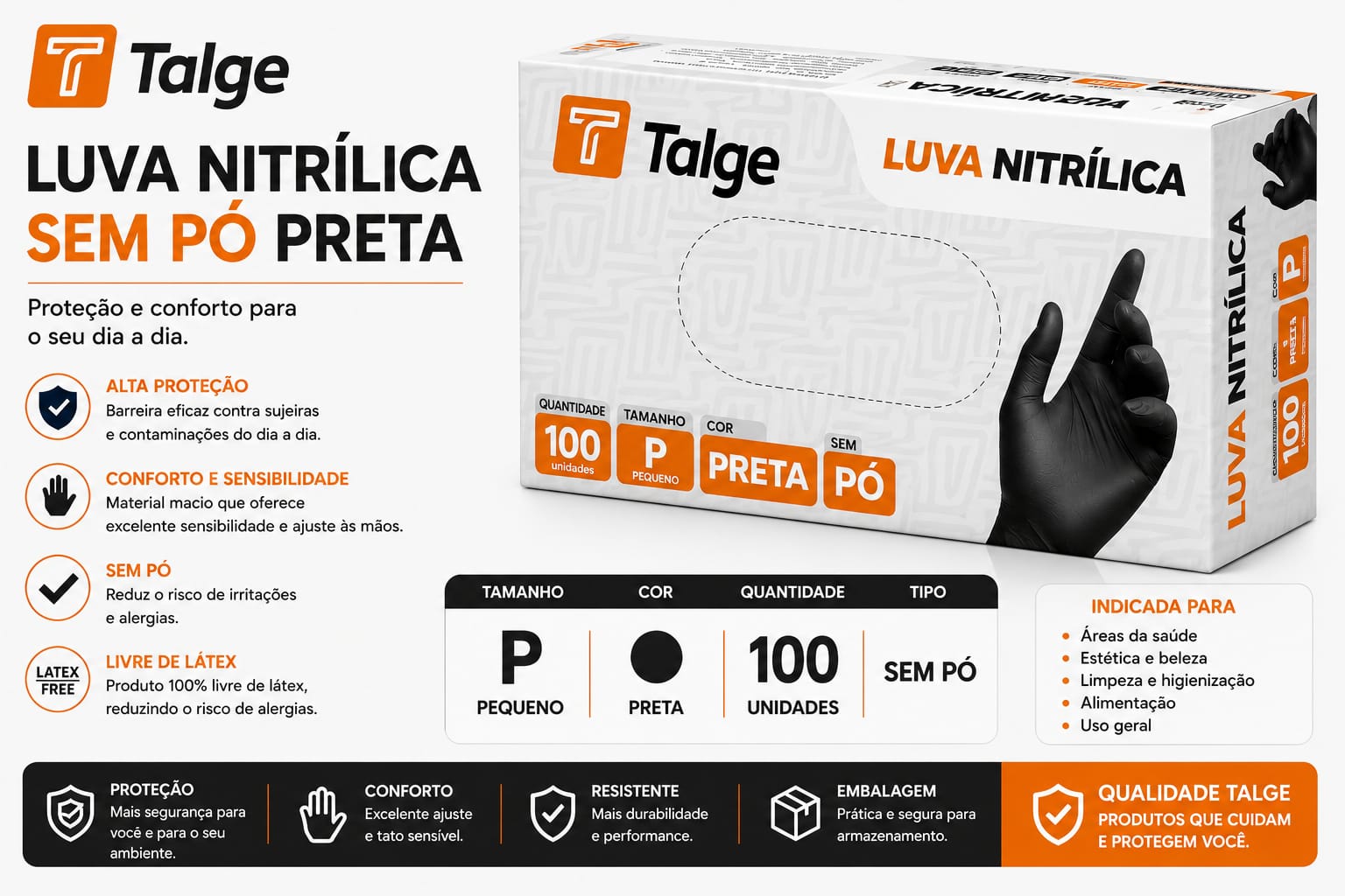 LUVA TALGE NITRILICA SEM PÓ PRETA - P